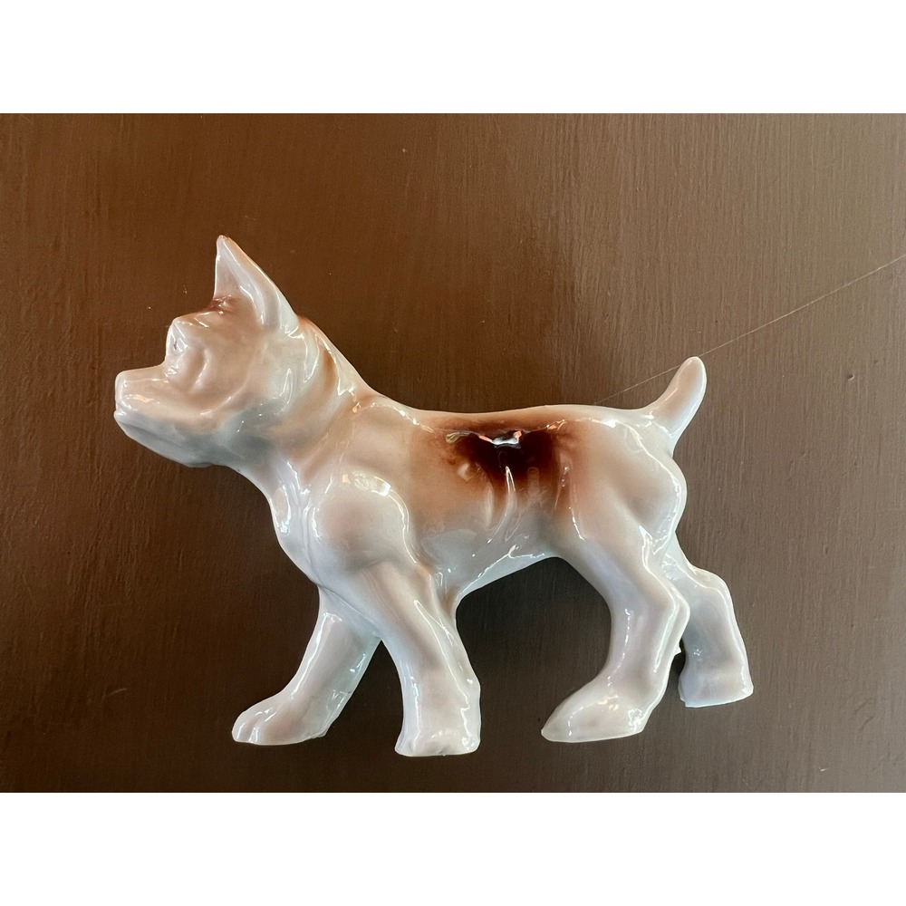 Vintage Ceramic Bulldog Figurine 4" White Brown Glossy Dog Statue Collectible